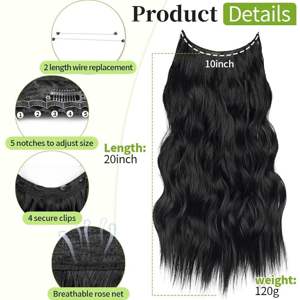 Invisible Wire Hair Extensions Black Long Wavy 20 Inch Clip-In Women - Picture 3 of 8